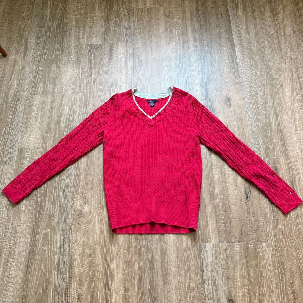 Tommy Hilfiger Cable Knit V Neck Sweater Womens XL‎ Red Cotton